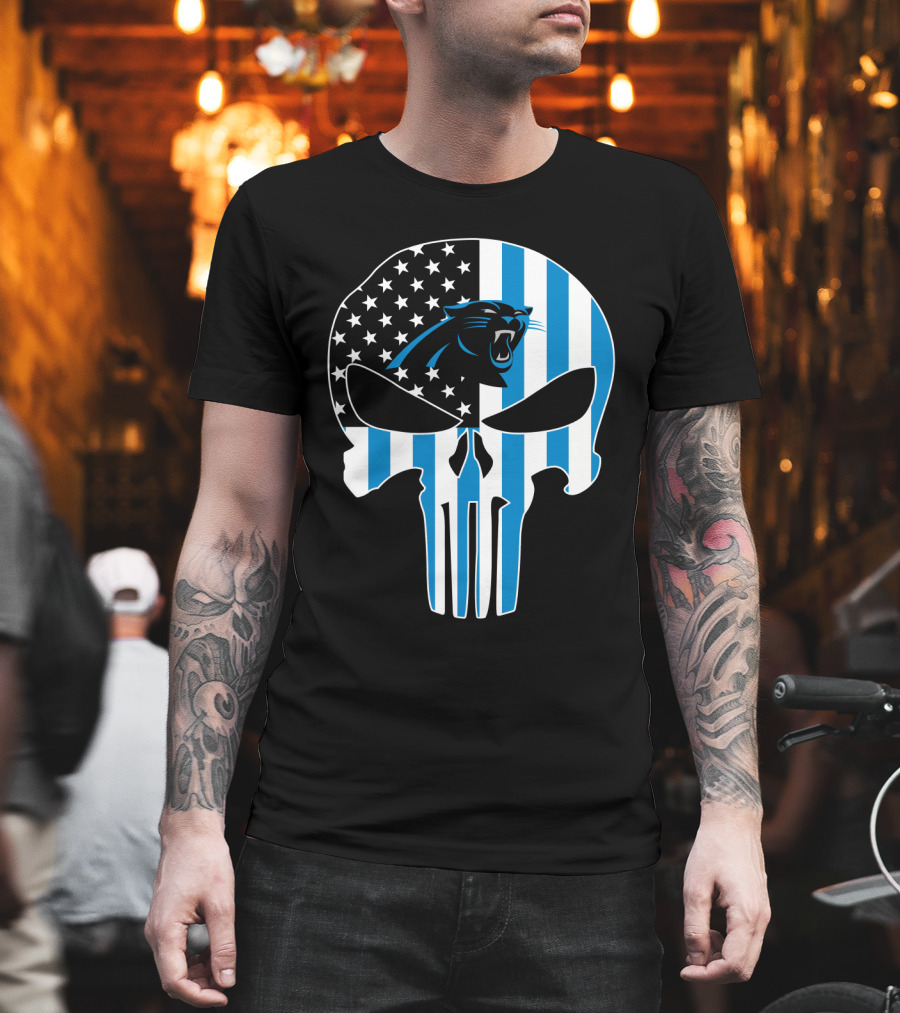 Carolina Panthers Punisher Skull American Flag T-Shirt
