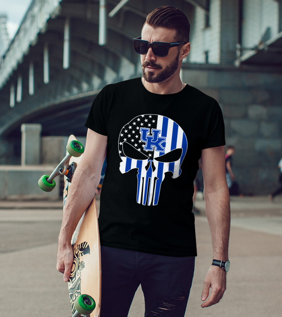 Uk Wildcats Punisher Skull American Flag Blue Stripes T-Shirt