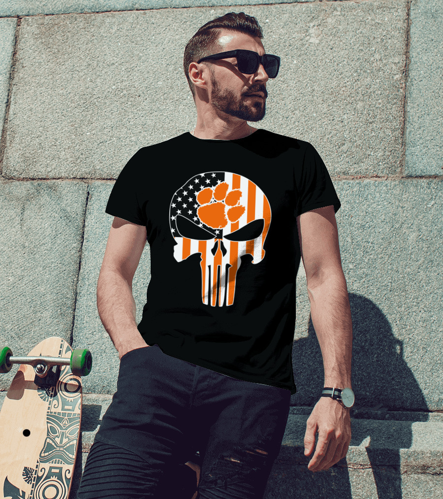 Clemson Tigers Paw Skull American Flag T-Shirt