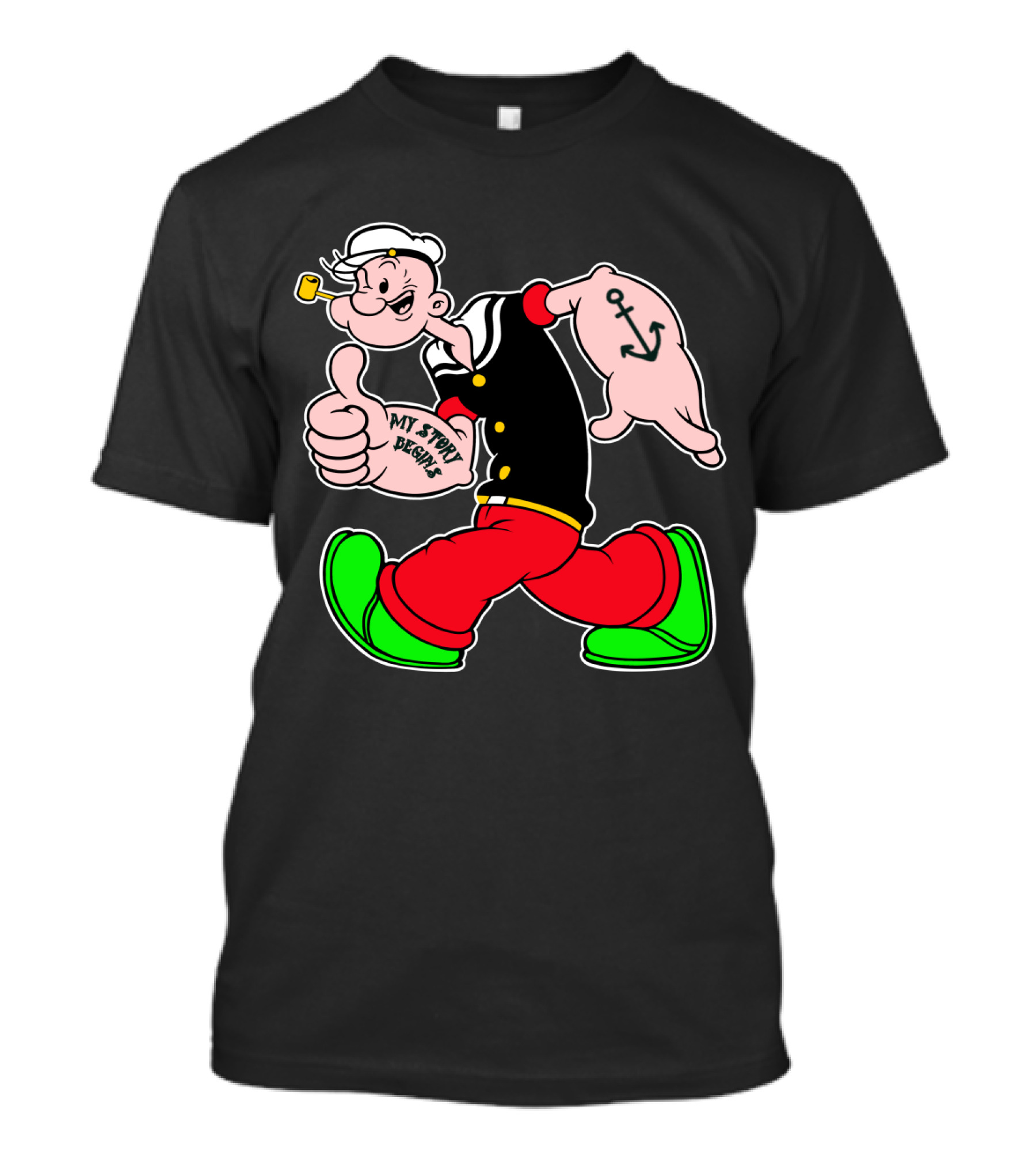 Popeye Thumbs Up With Sailor Style And Anchor Tattoo My Story Begins T-Shirt