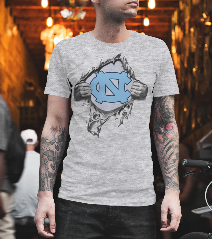 Unc Tar Heels Logo Peeking Through Ripped Gray Fabric T-Shirt