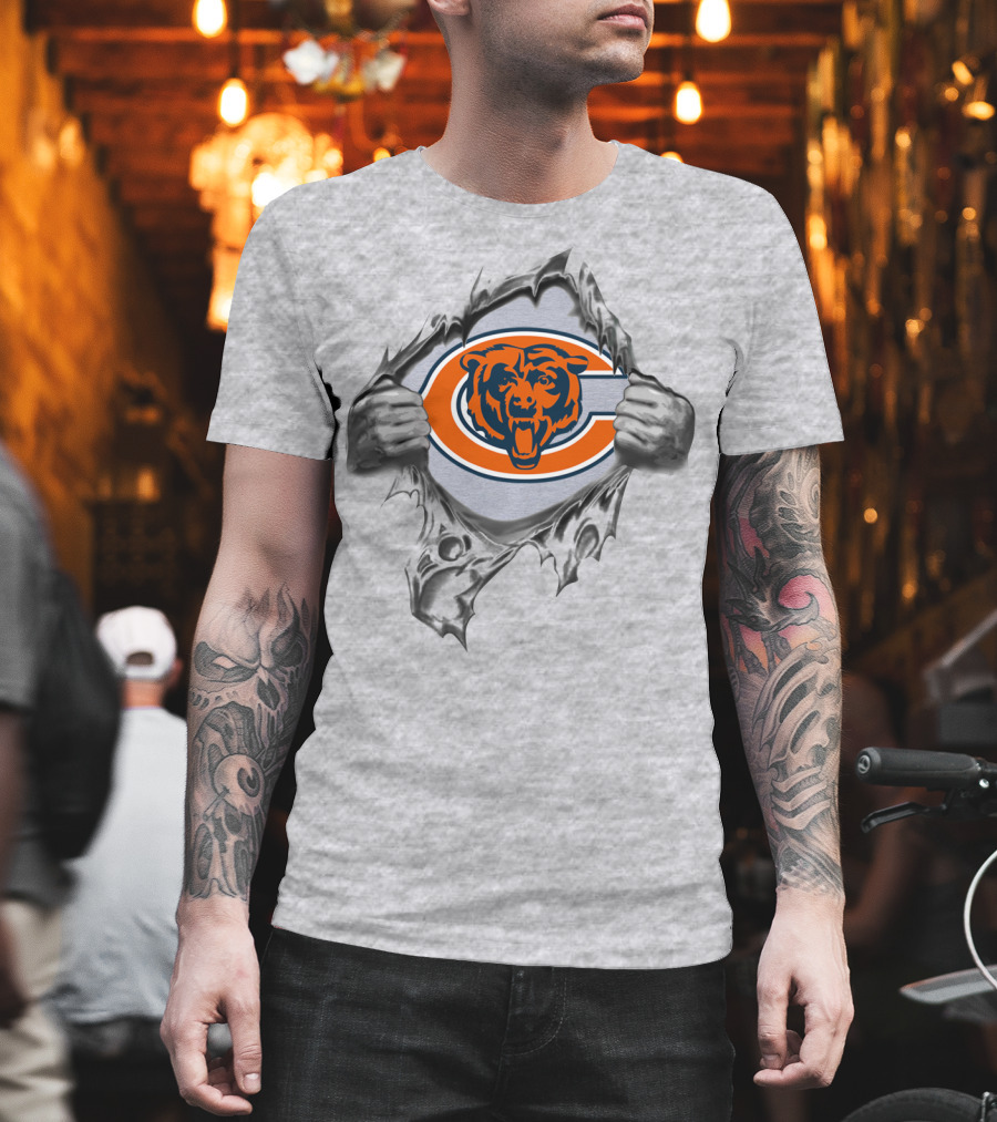 Chicago Bears Logo In Ripped Background With Orange Bear Face T-Shirt