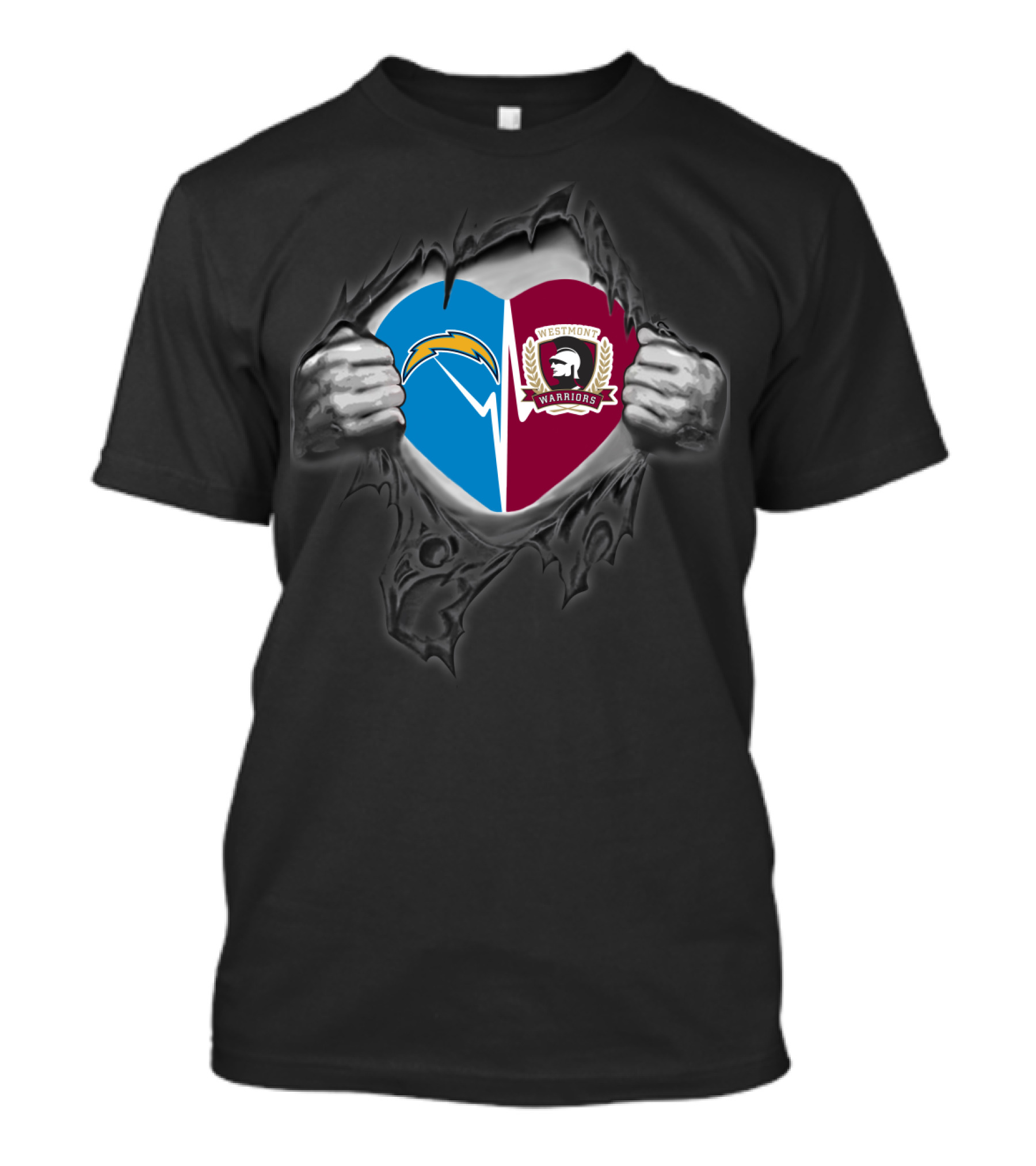Chargers Westmont Warriors Heart Shield With Lightning Logo And Spartan T-Shirt
