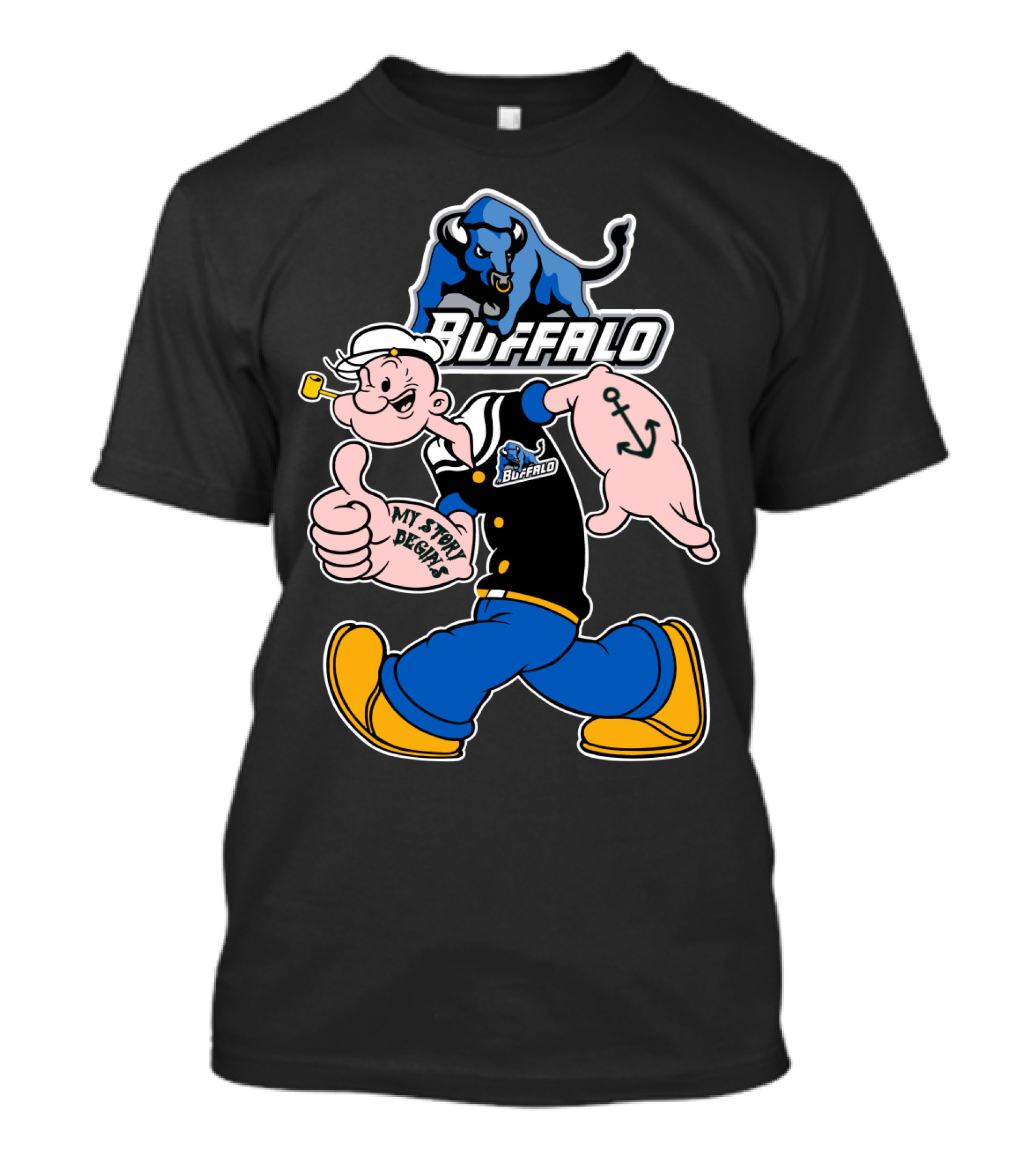 Popeye Buffalo Bulls My Story Begins Thumbs Up Anchor Navy Sailor T-Shirt