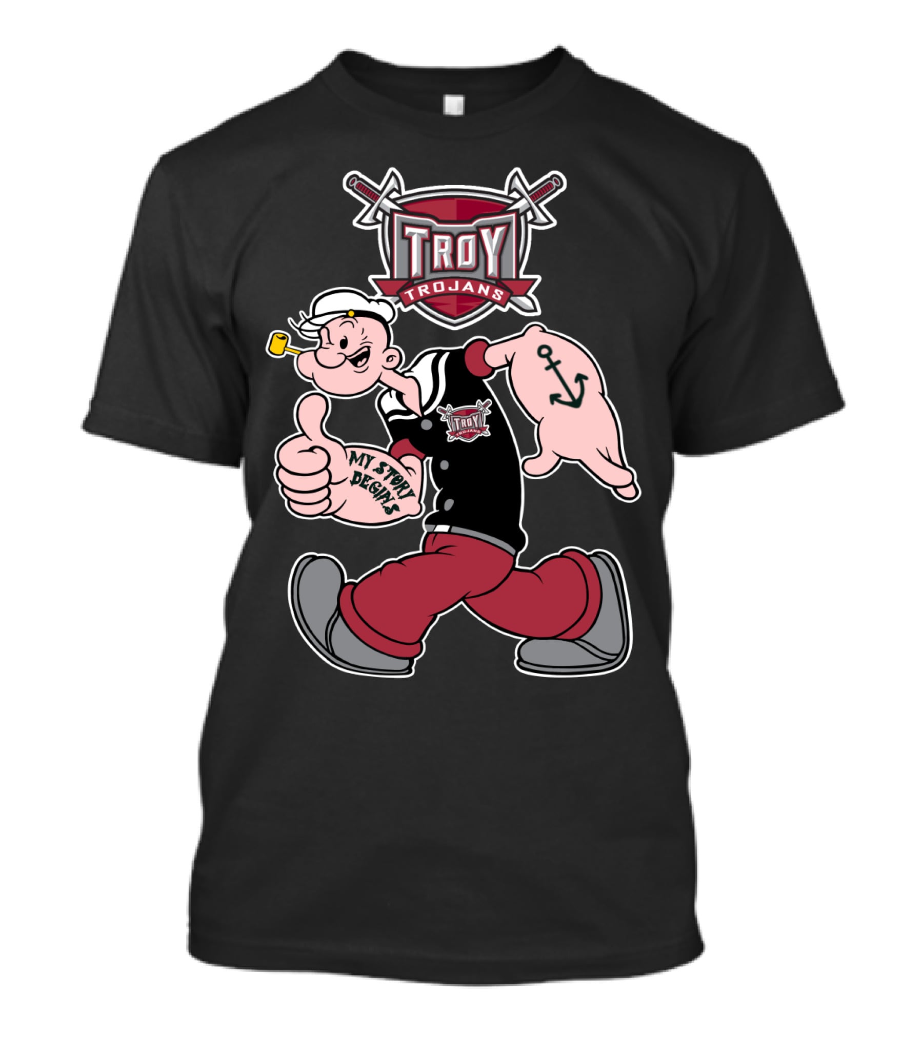Troy Trojans Popeye My Story Begins Anchor Tattoo T-Shirt