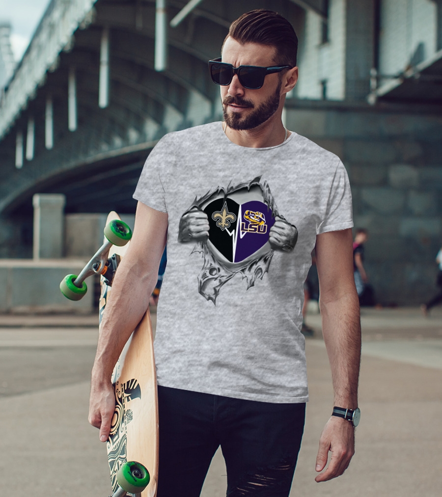 Saints Heart With Lsu Tigers Logo Peeking Through T-Shirt