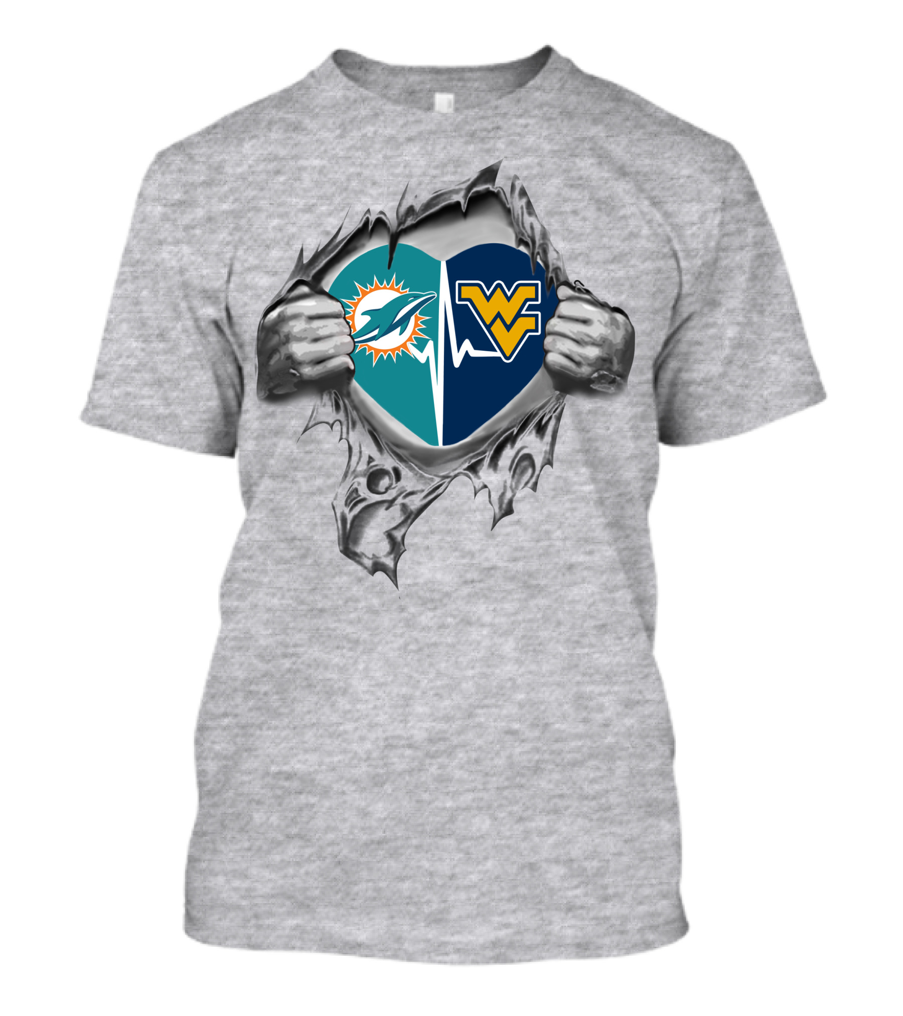Dolphins West Virginia Mountaineers Heart Torn T-Shirt