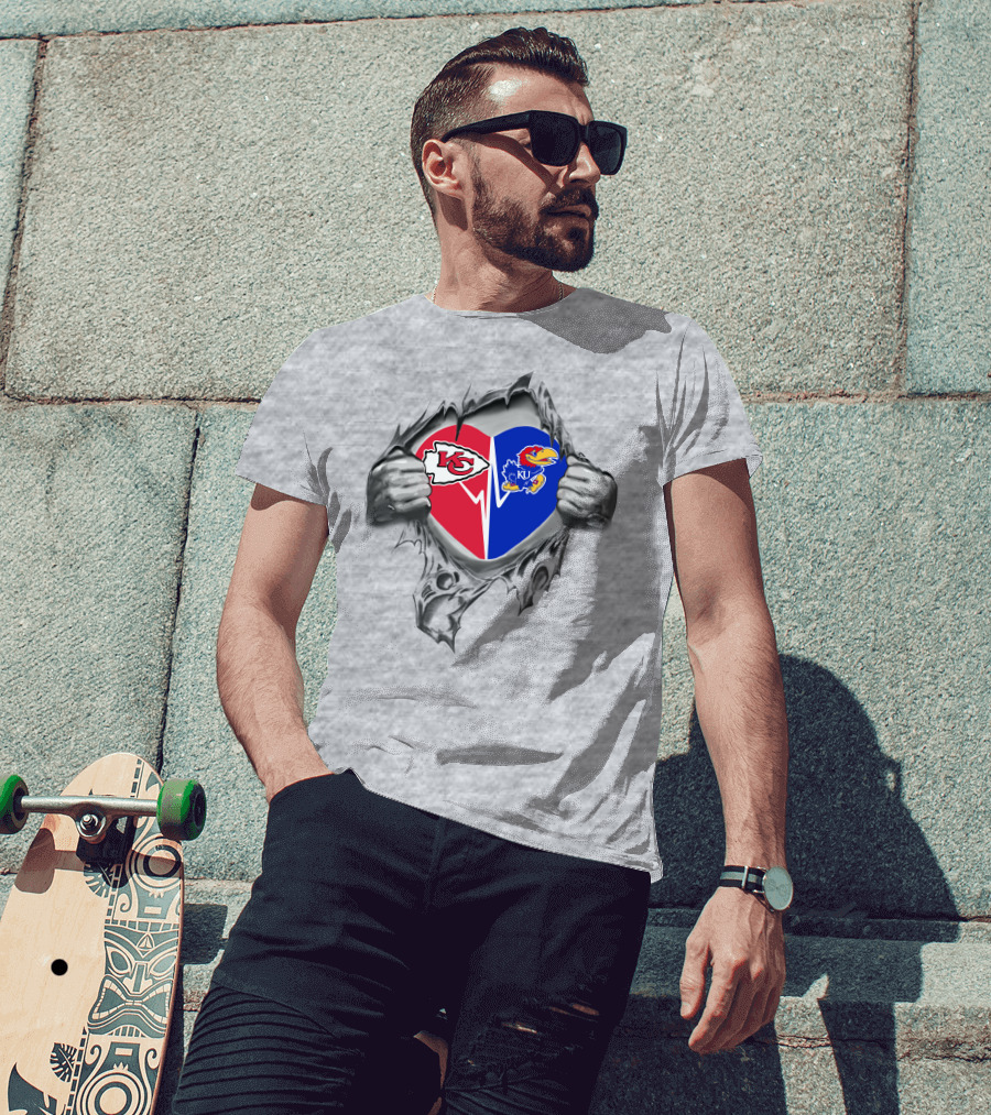 Chiefs Jayhawks Heart With Kansas City Kc And Ku Logos T-Shirt