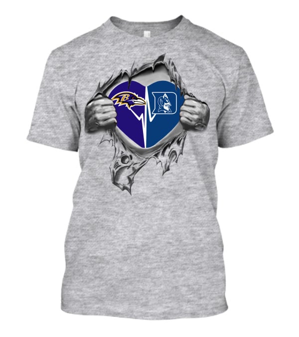 Ravens Duke Heart Logos Inside Ripped Silver Hands T-Shirt