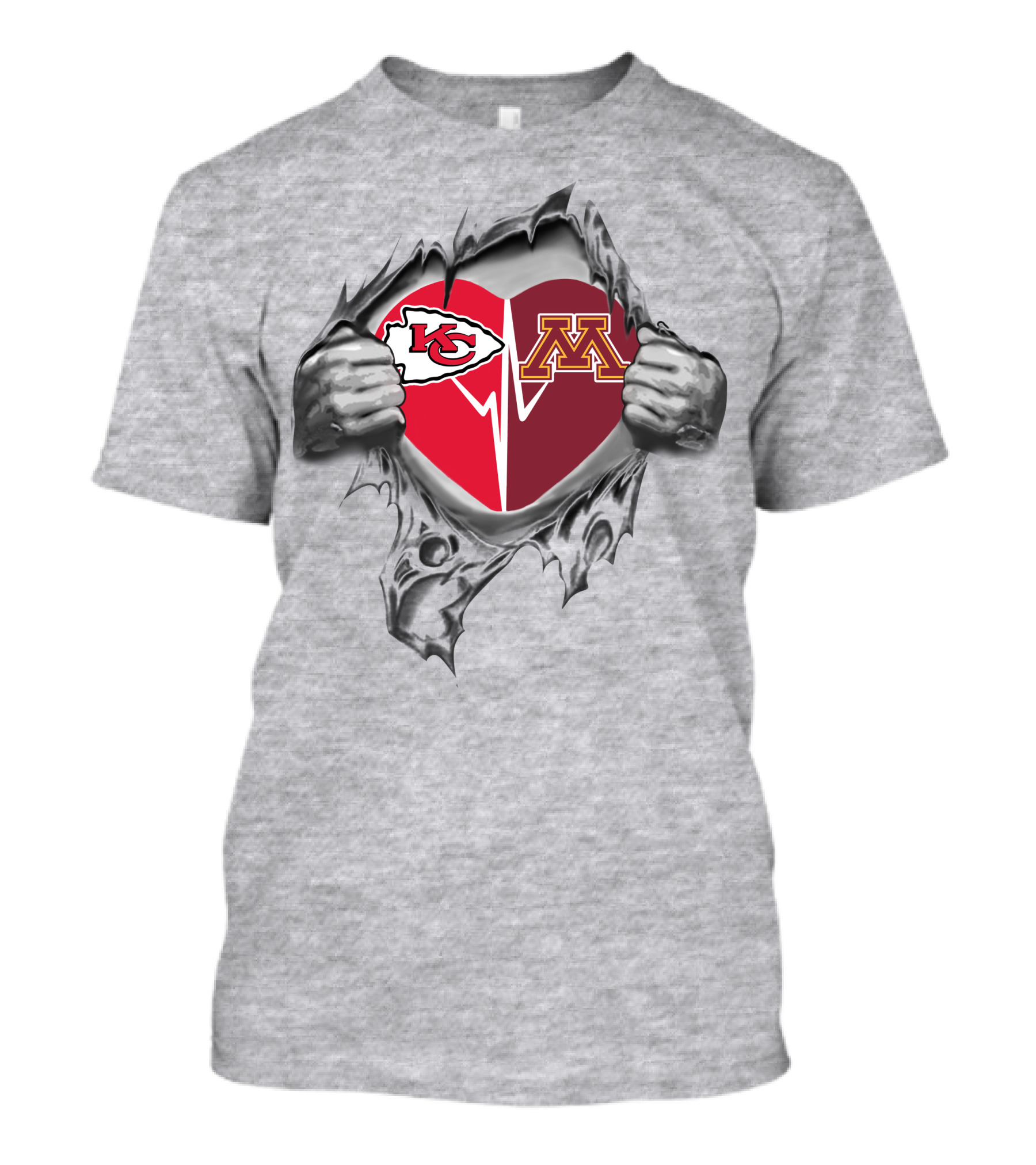 Kansas City Chiefs Minnesota Gophers Heart Logos Torn Gray T-Shirt