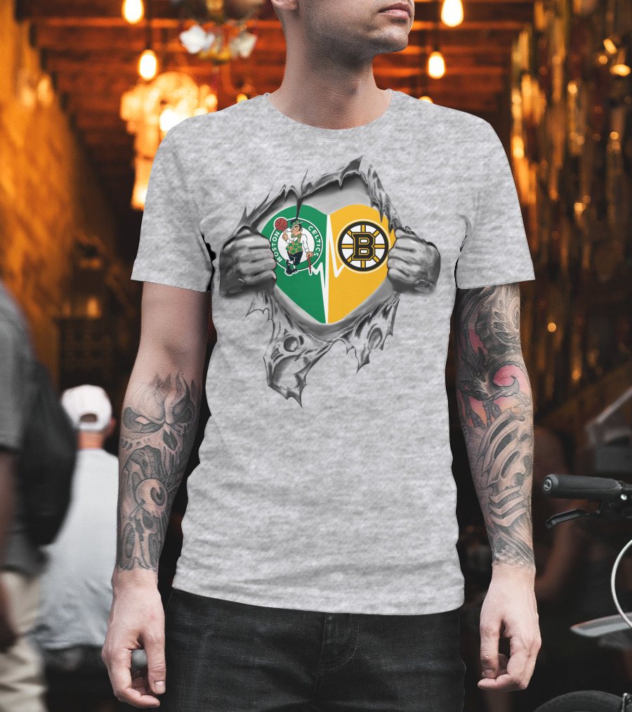Boston Celtics Bruins Heart Inside Featuring Logos And Heartbeat T-Shirt