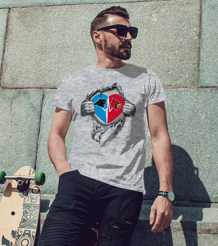Panthers Louisville Cardinals Heart Symbol Split Blue Red T-Shirt