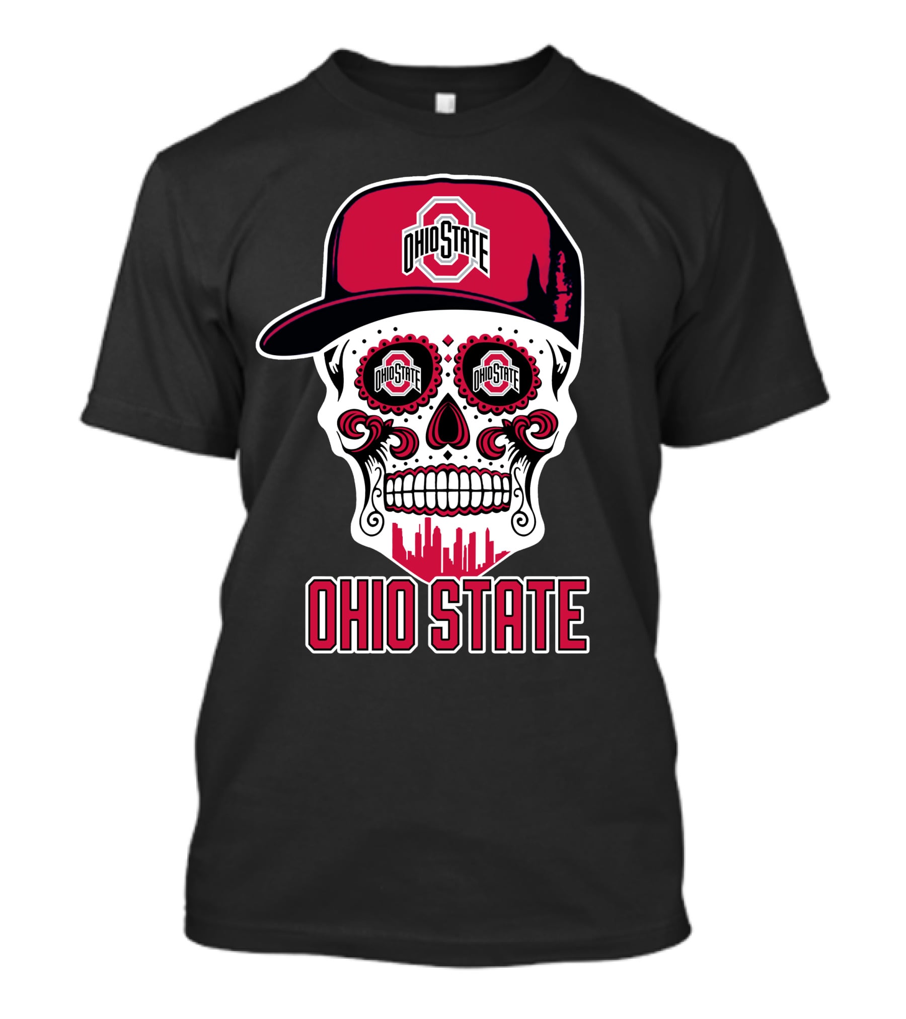 Ohio State Buckeyes Skull With Baseball Cap And Cityscape Elements T-Shirt