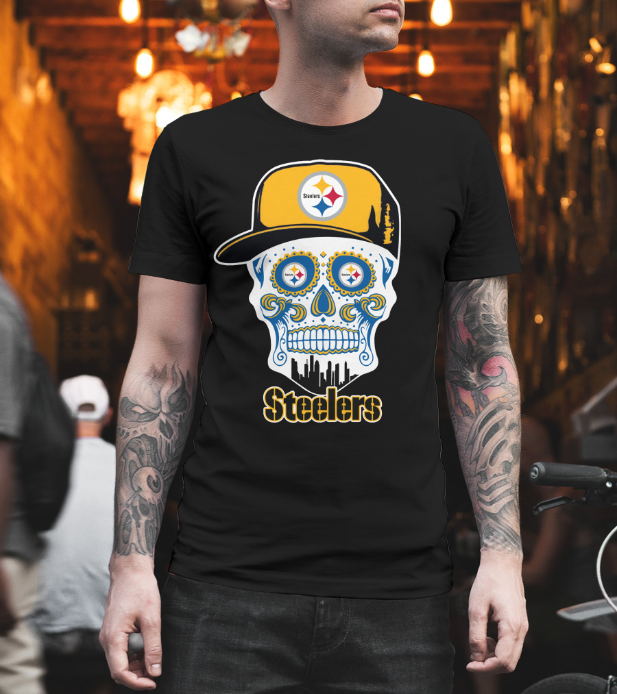 Steelers Skull With Yellow Cap And City Silhouette T-Shirt
