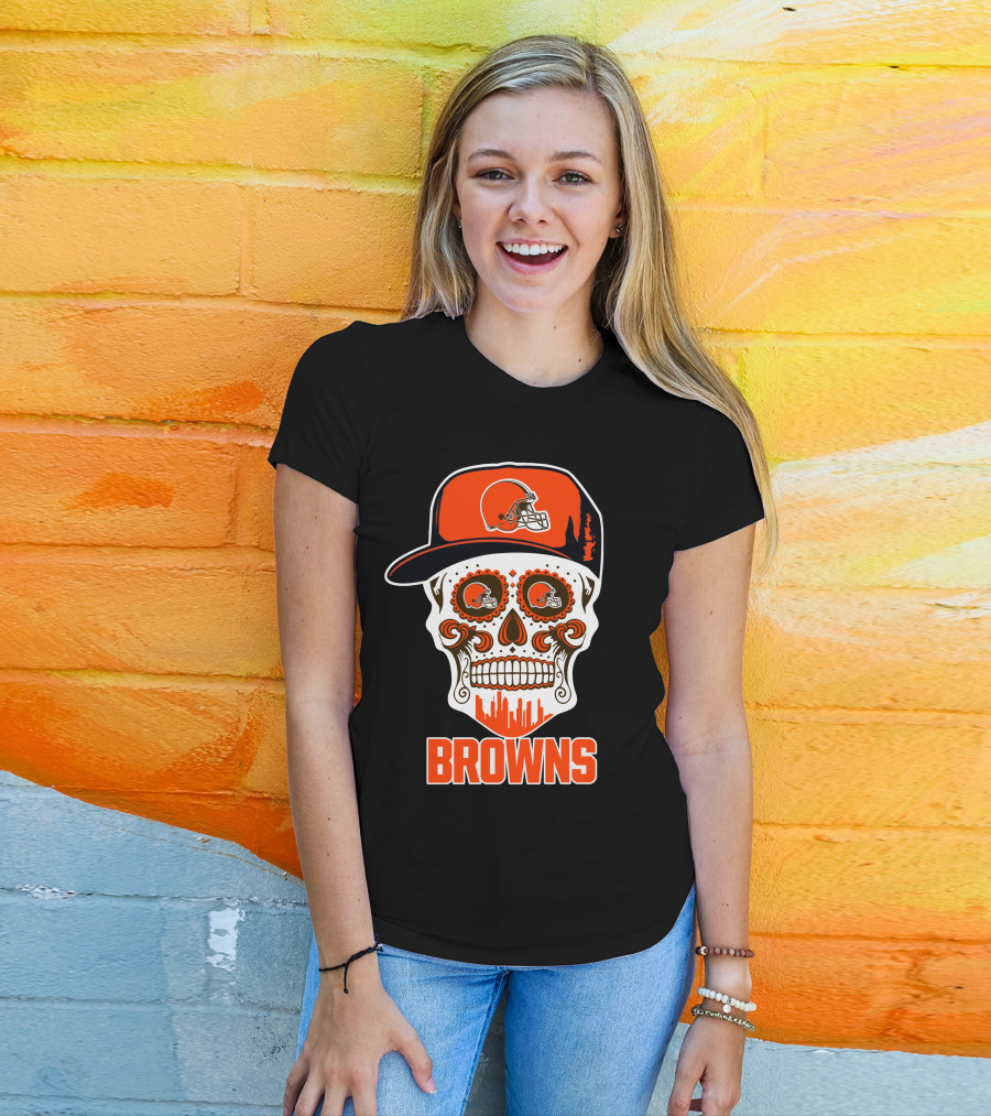 Browns Skull With Helmet And City Skyline T-Shirt