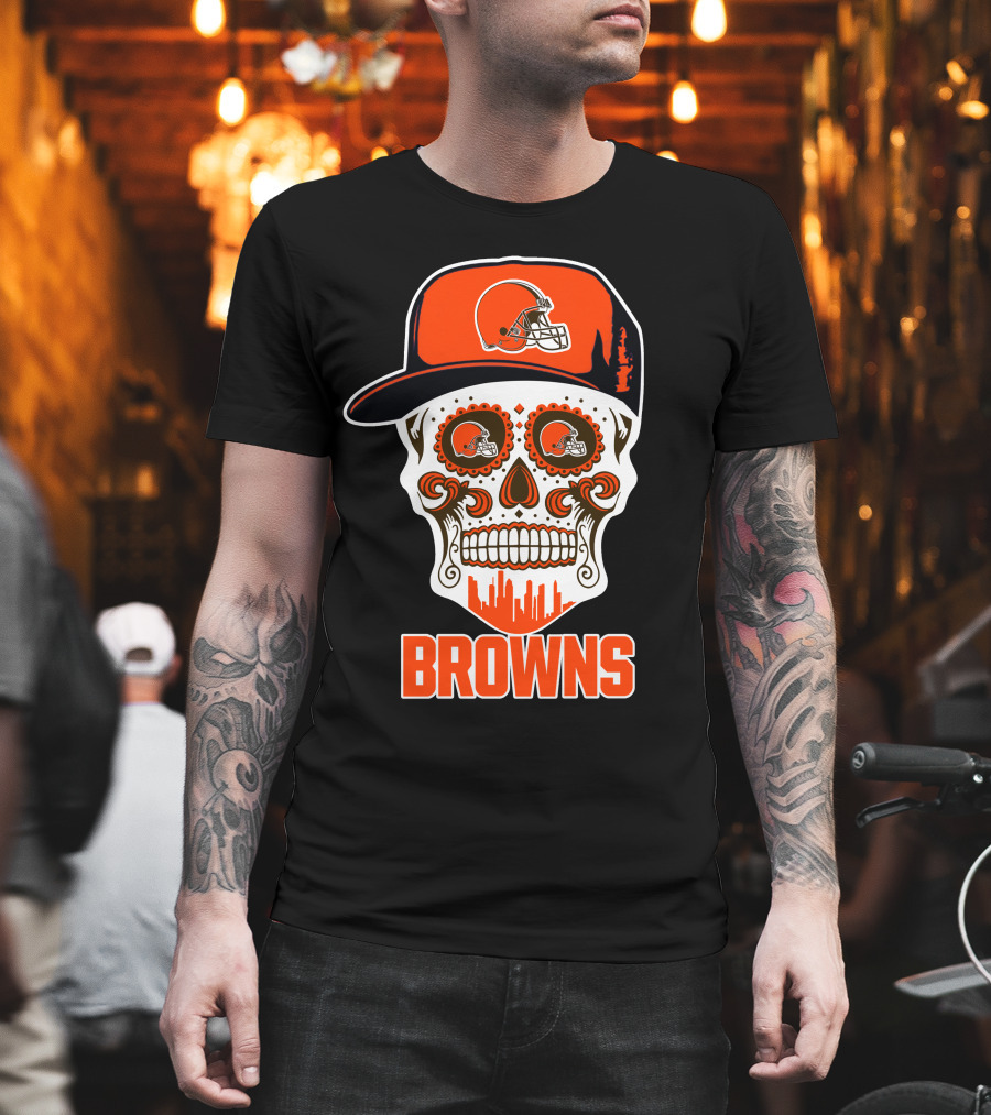 Browns Skull With Helmet And City Skyline T-Shirt