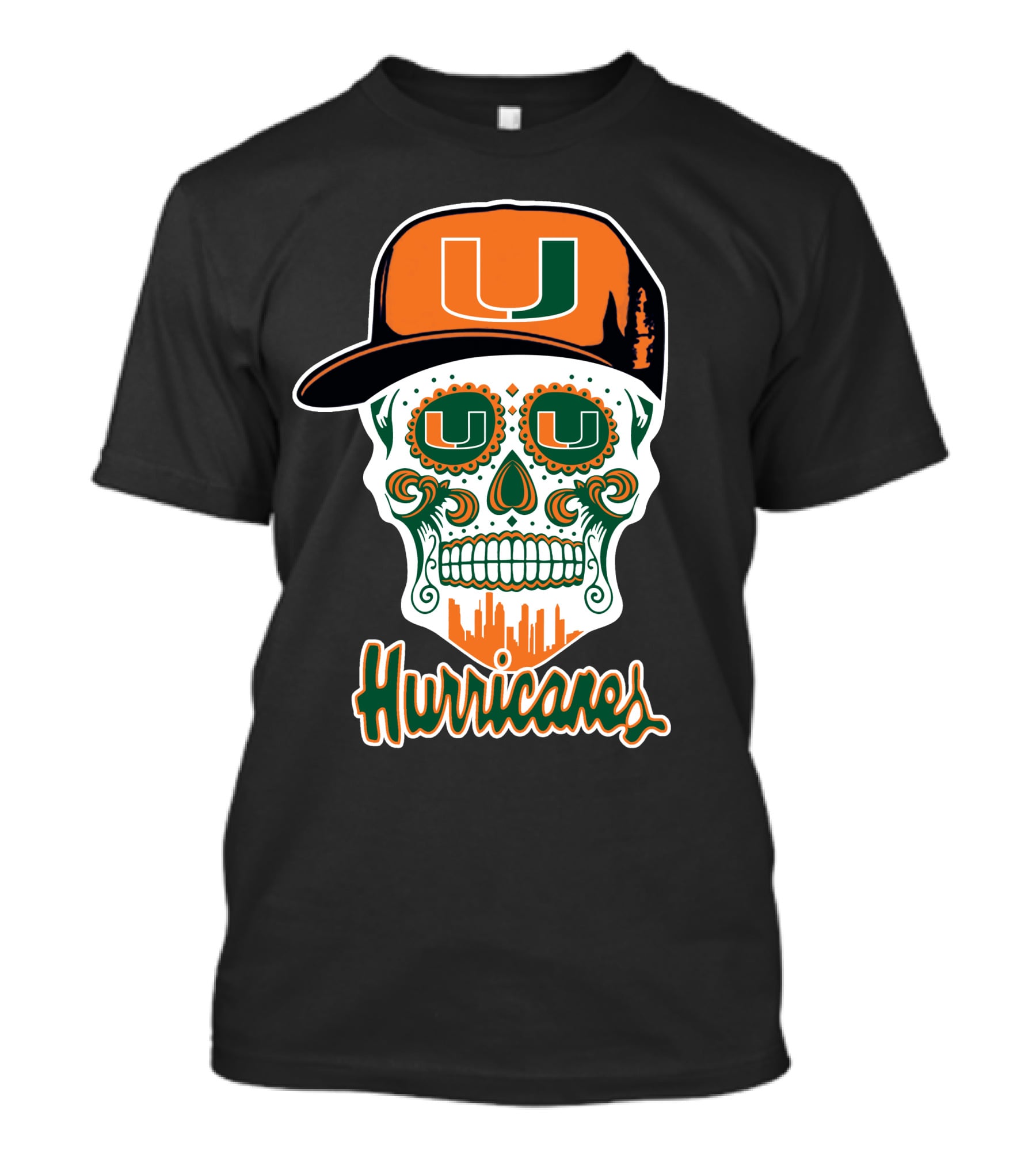 Miami Hurricanes Skull Orange And Green U Cap T-Shirt