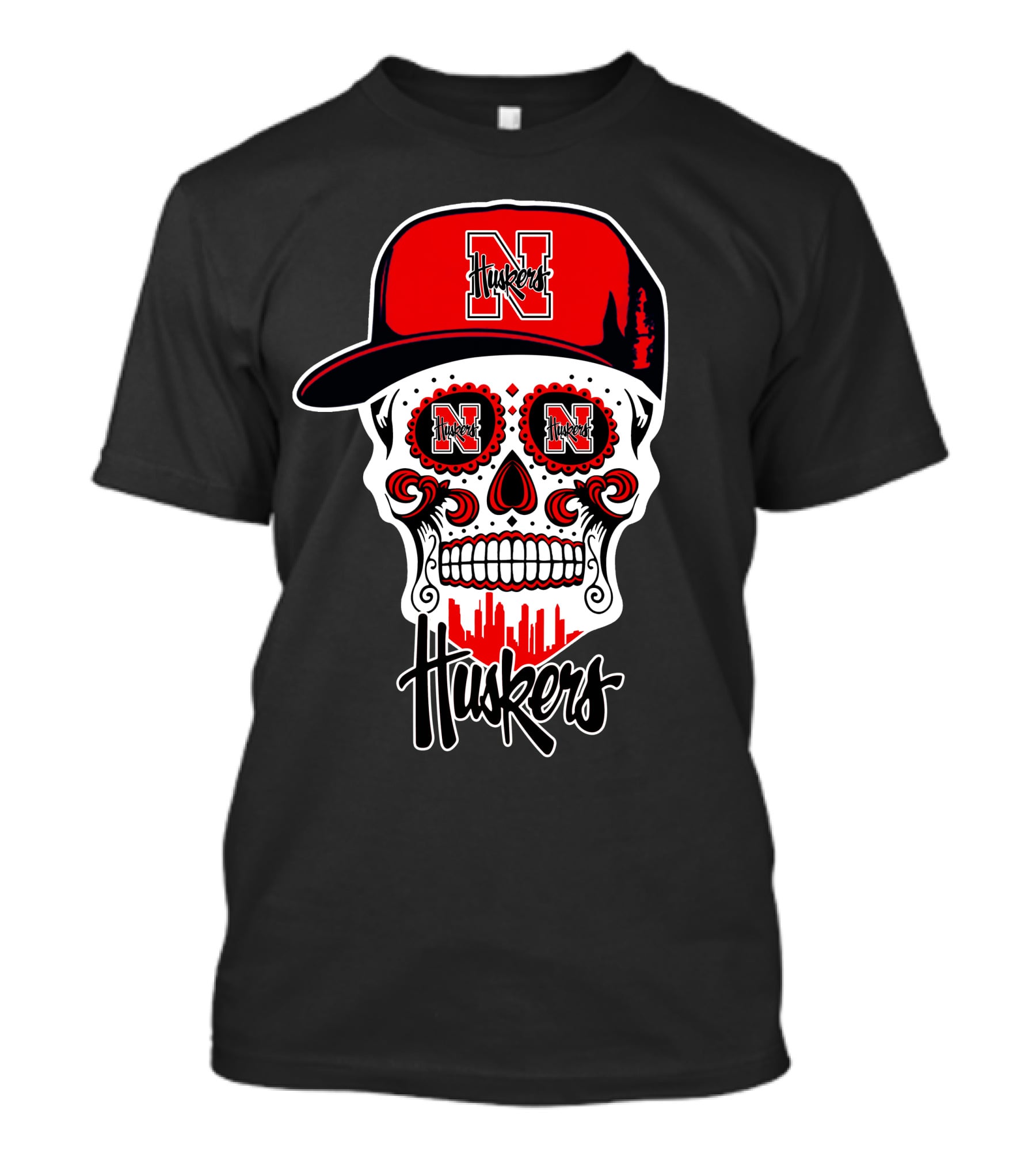 Nebraska Cornhuskers Huskers Skull With Red Cap And Cityscape T-Shirt