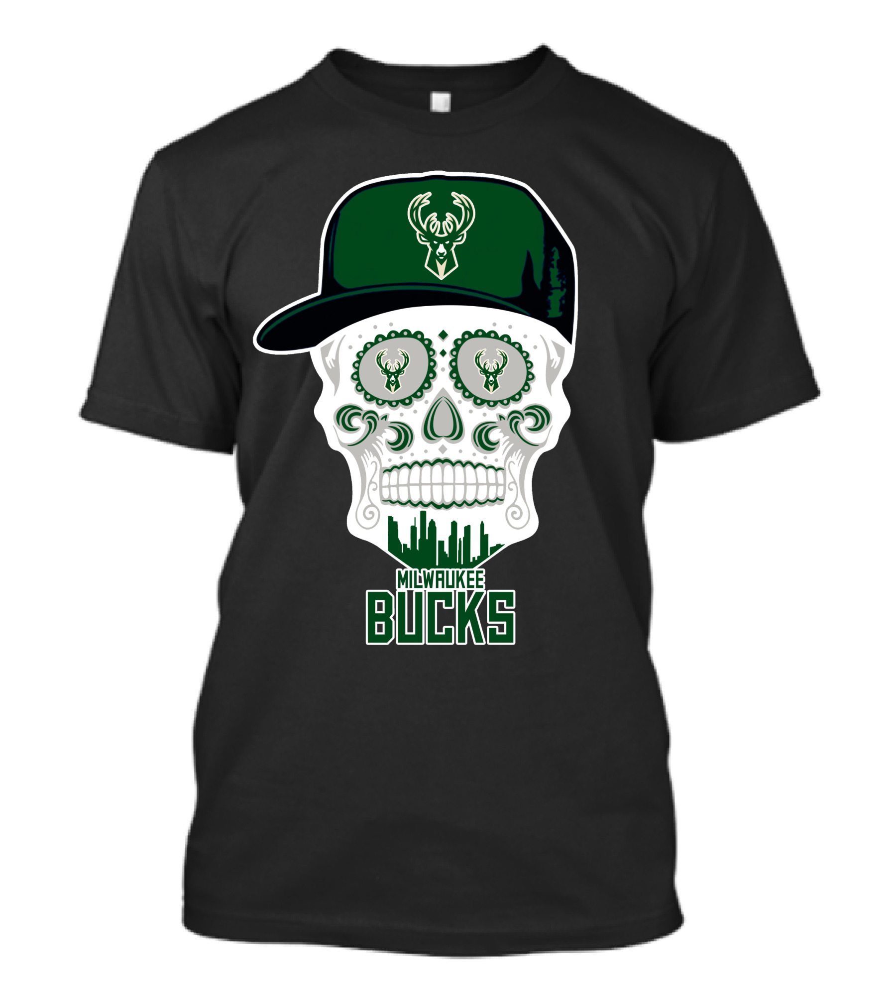 Milwaukee Bucks Skull With Cap And Skyline T-Shirt