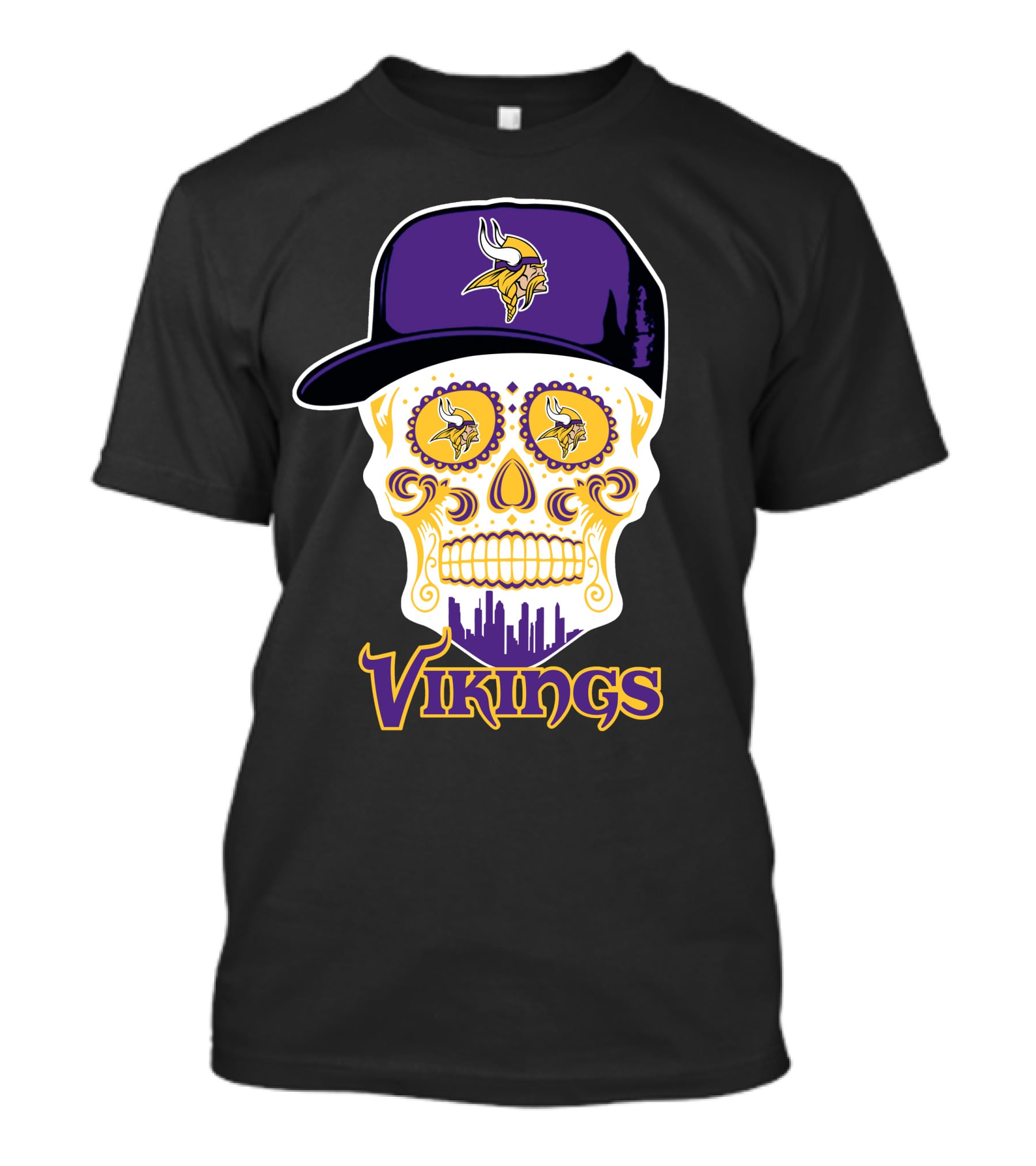 Minnesota Vikings Skull With Purple Hat And City Skyline T-Shirt