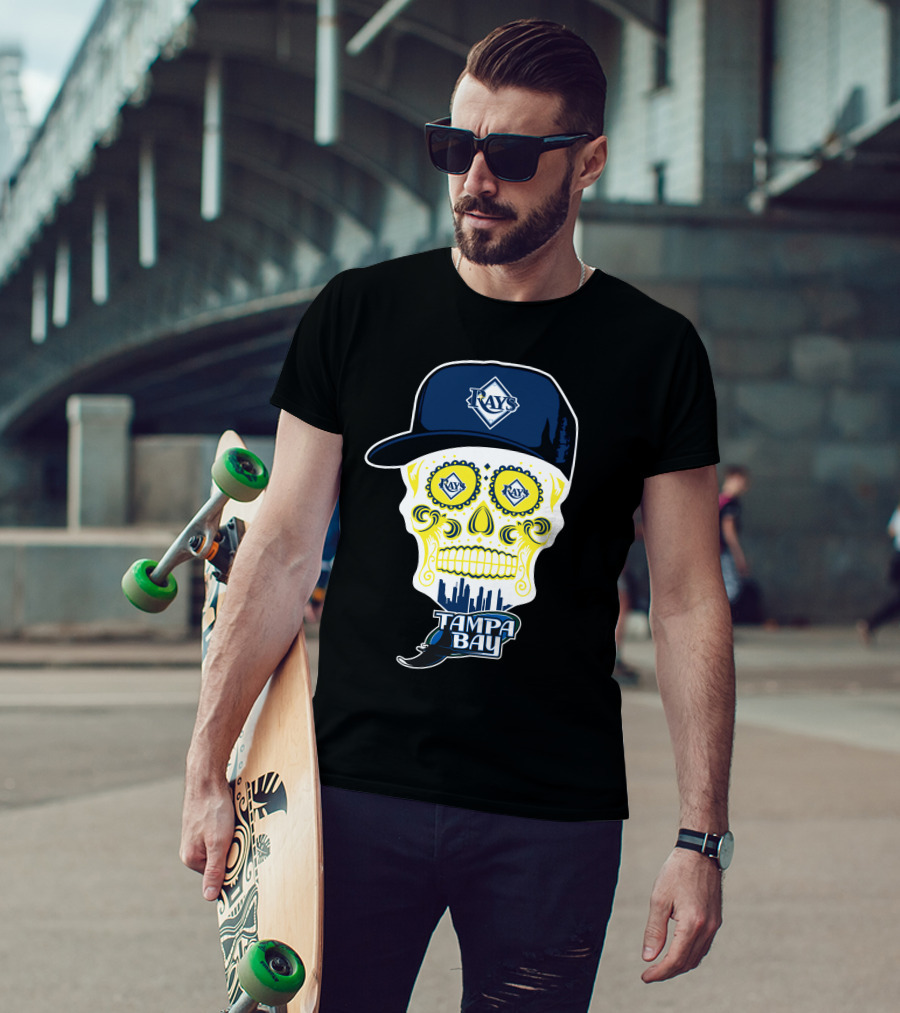 Tampa Bay Rays Skull With Hat And City Skyline T-Shirt