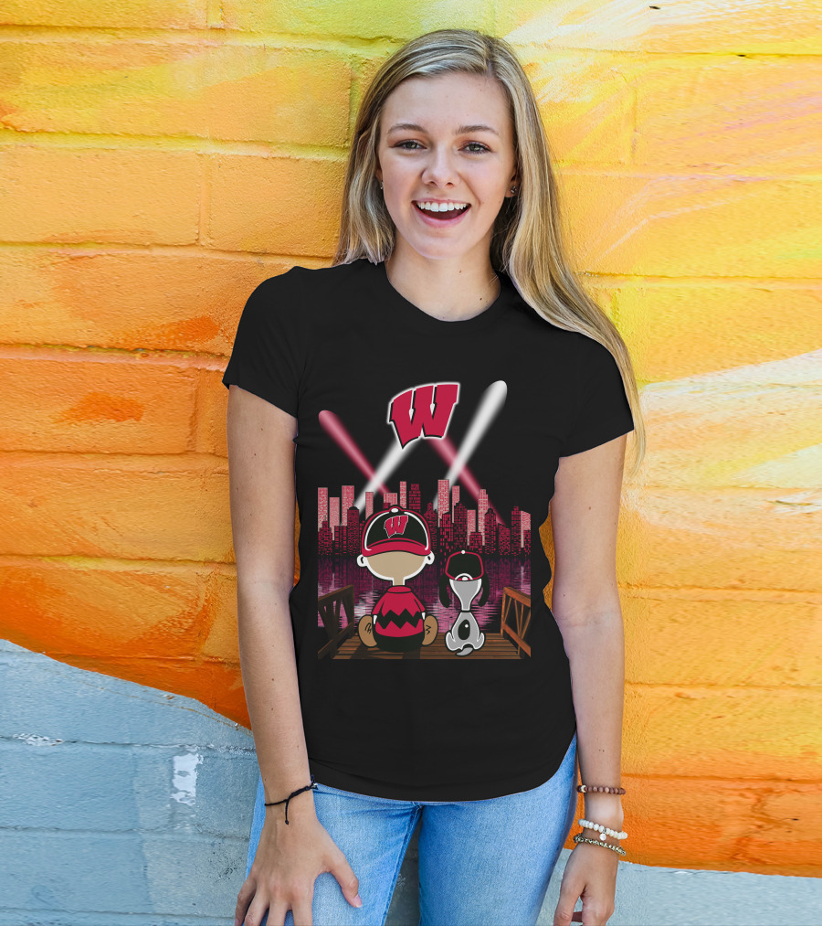 Wisconsin Badgers Night City Skyline With Cartoon Characters T-Shirt