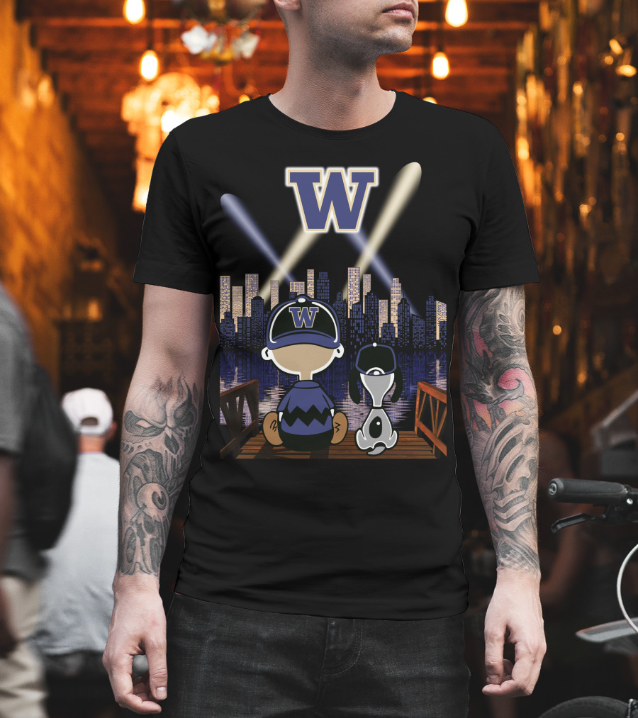 W Washington Huskies City Skyline At Night With Baseball Cap Characters T-Shirt