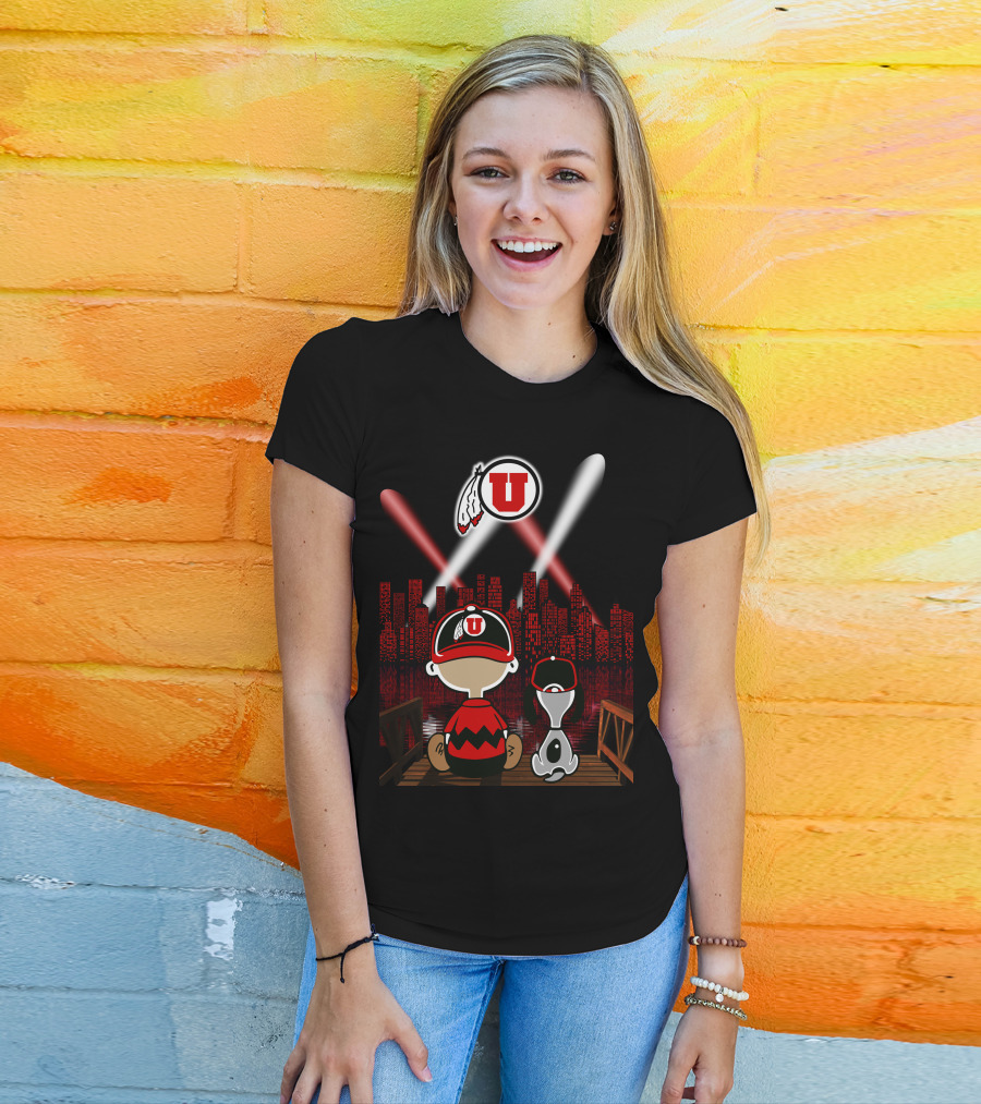 Utah Utes City Skyline Night Scene With Cartoon Characters T-Shirt