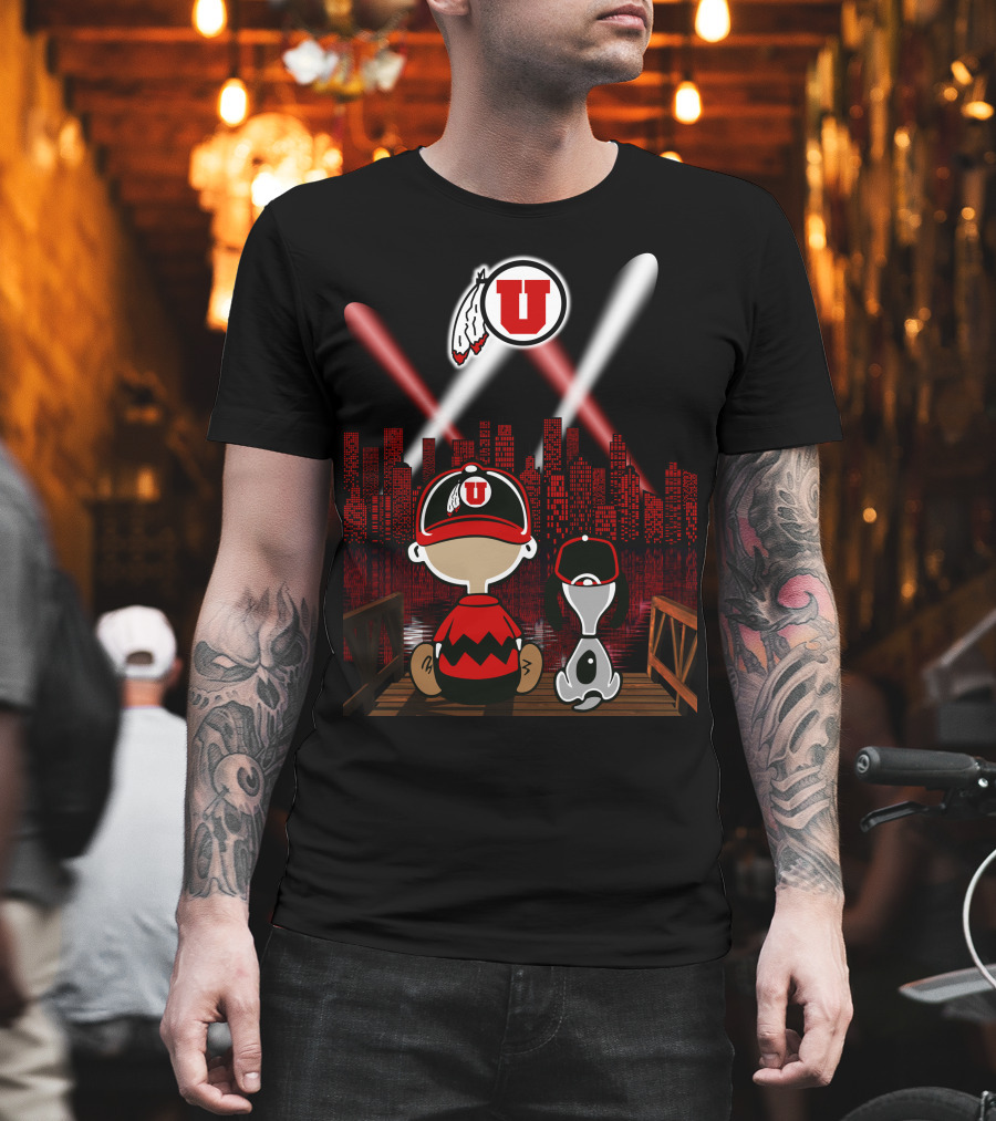 Utah Utes City Skyline Night Scene With Cartoon Characters T-Shirt