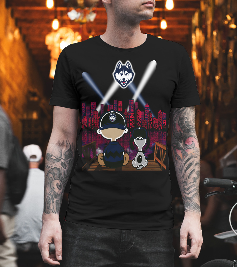Uconn Huskies Skyline Night Lights With Cartoon Characters And Dog T-Shirt
