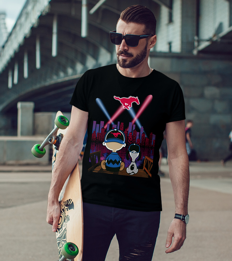 Smu Mustangs Snoopy And Friend City Skyline Night Scene T-Shirt