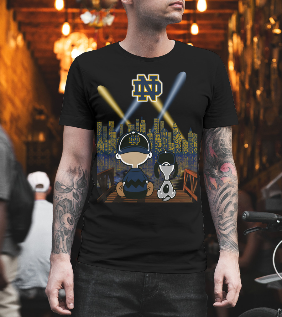 Notre Dame Fighting Irish City Skyline Night Scene With Kids And Dog T-Shirt