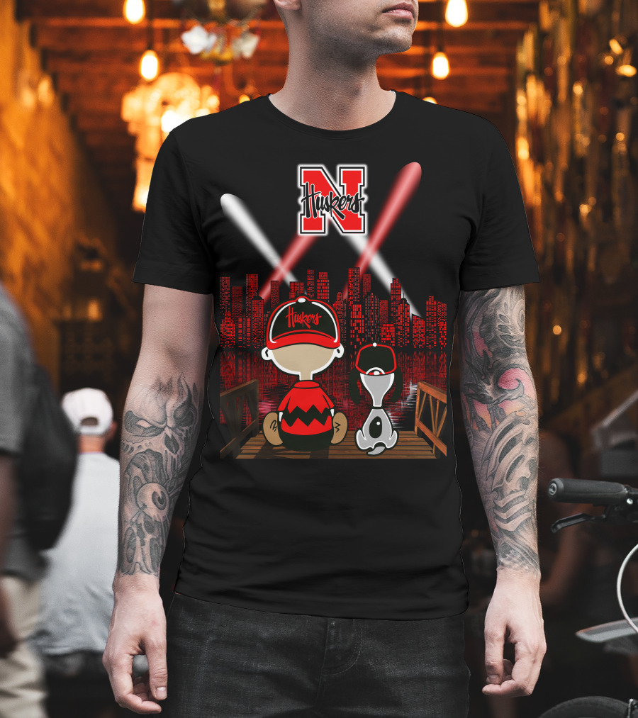 Huskers City By Night With N Logo And Iconic Cartoon Characters On A Bridge T-Shirt
