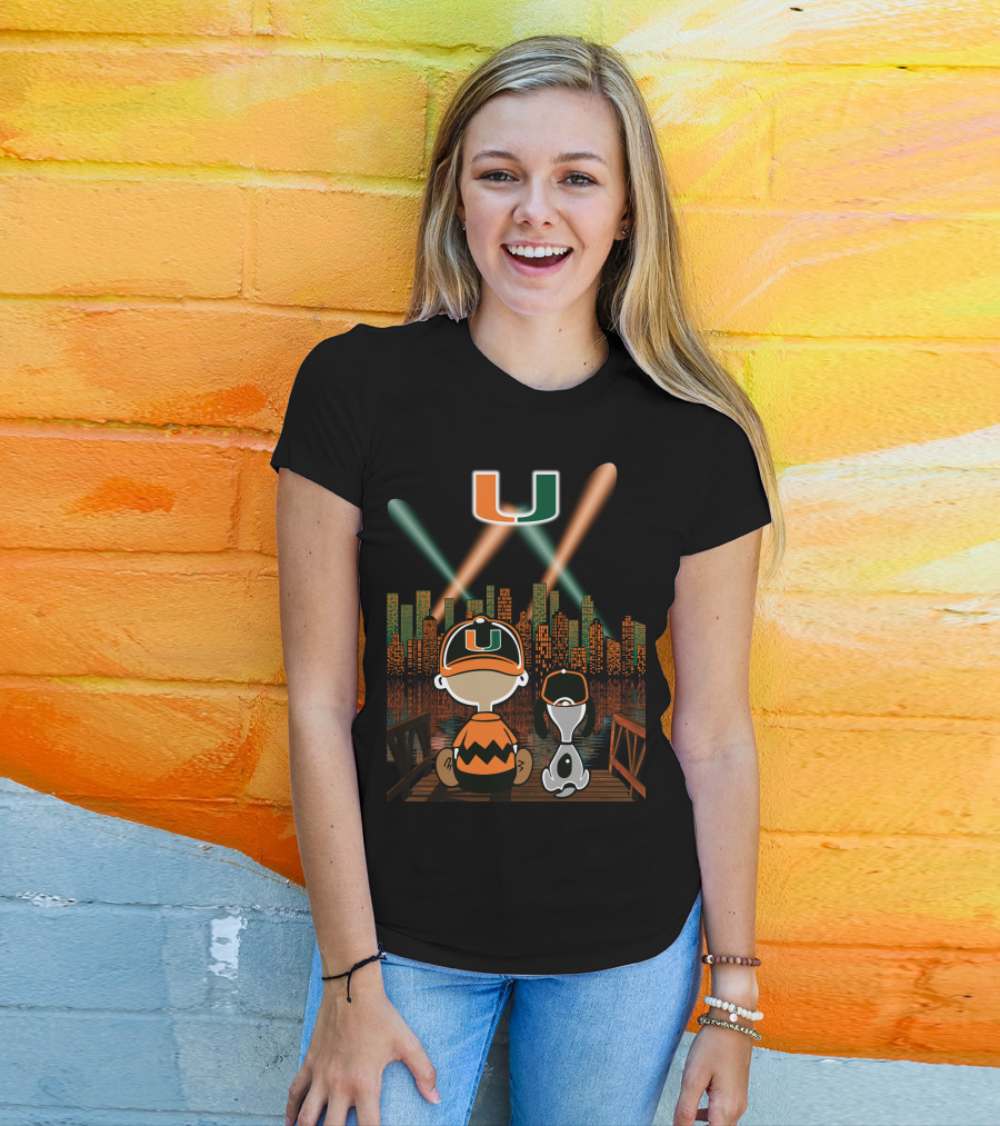 Miami Hurricanes City By Night Skyline Reflections With Characters T-Shirt