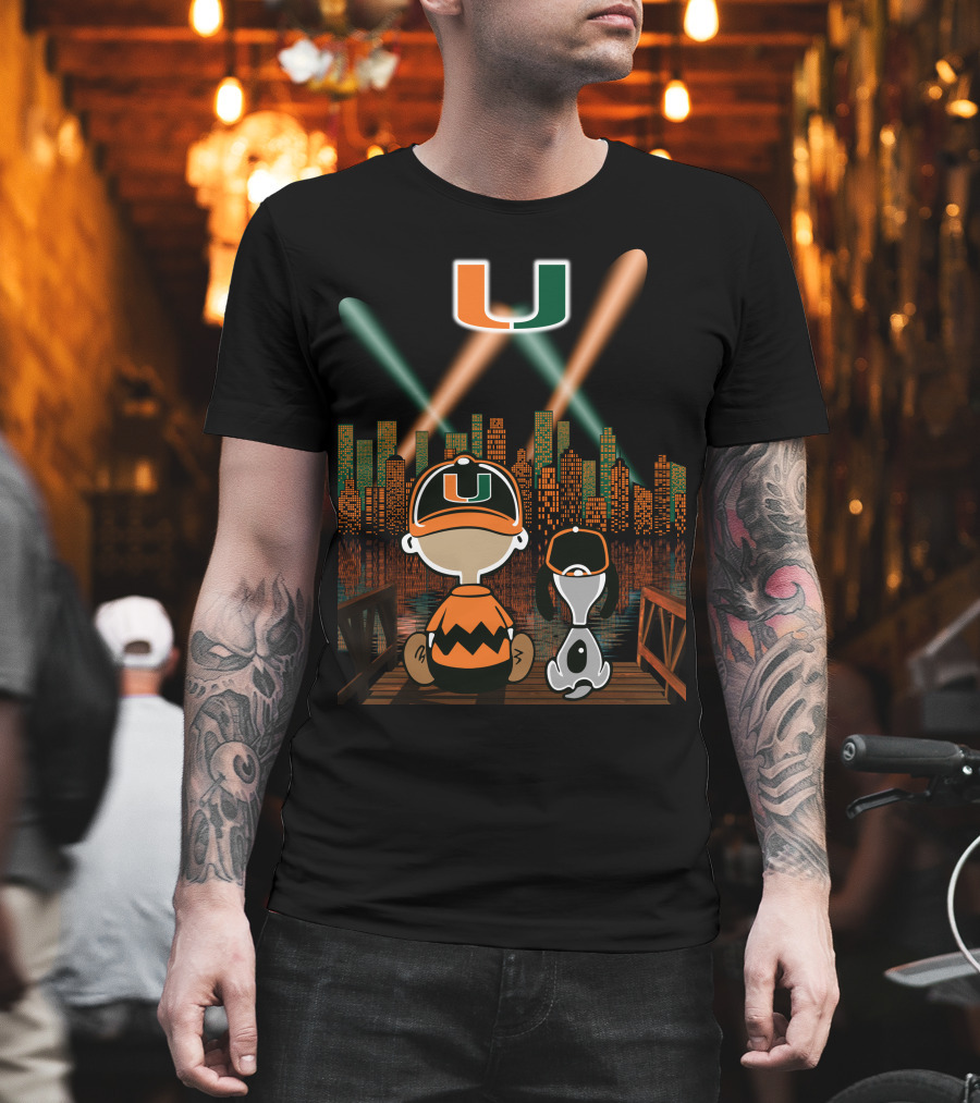 Miami Hurricanes City By Night Skyline Reflections With Characters T-Shirt