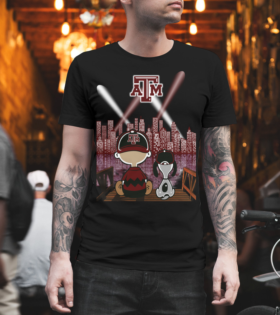 Texas A&M Aggies City Lights At Night With Iconic Characters T-Shirt
