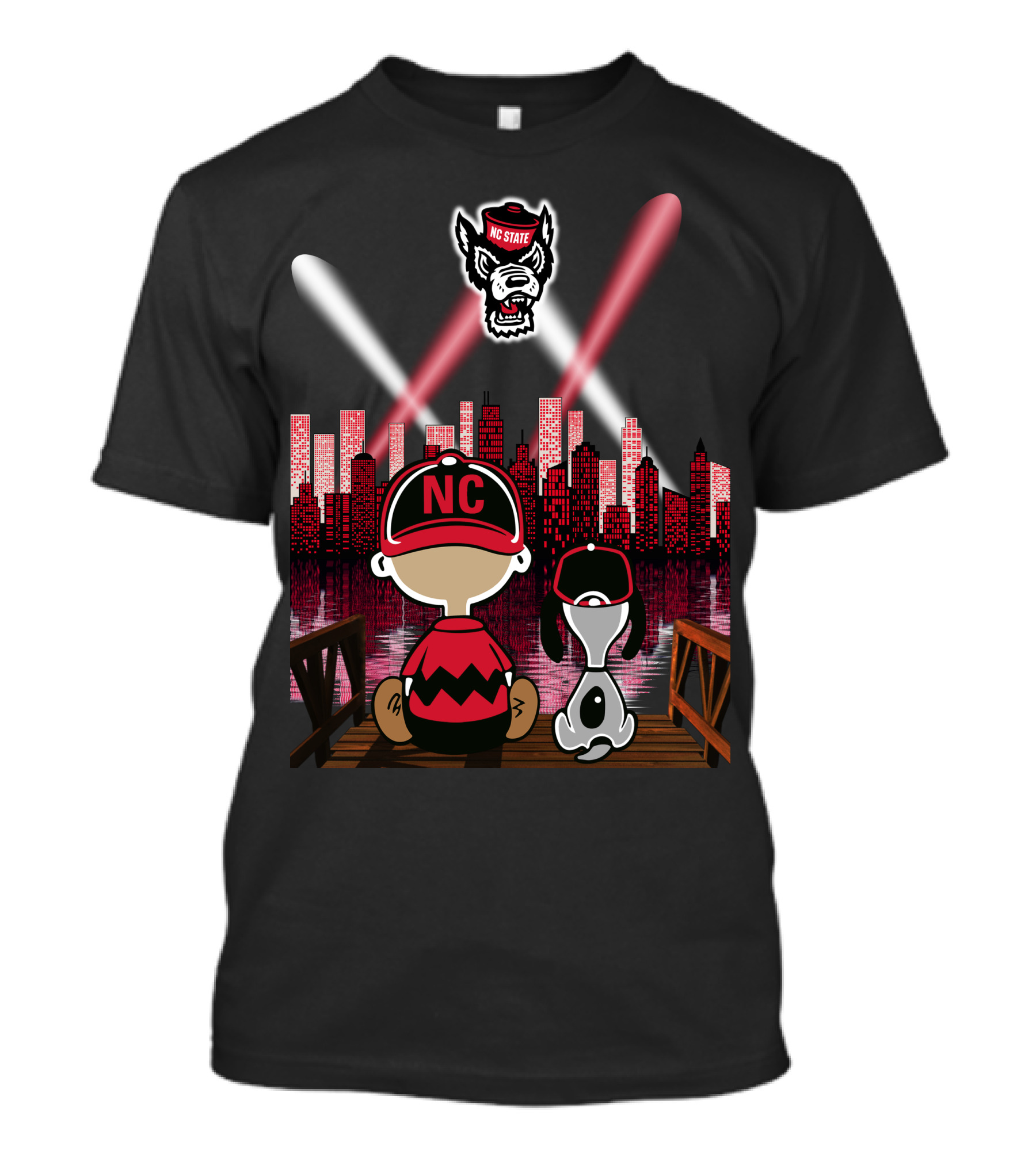 Nc State Wolfpack City By Night With Peanuts Characters And Skyline T-Shirt