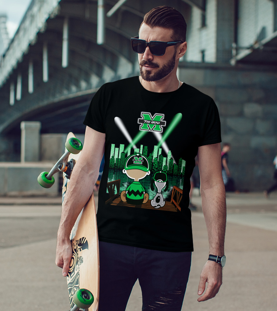 Marshall Thundering Herd Night Cityscape With Mascot And Dog On Bridge T-Shirt