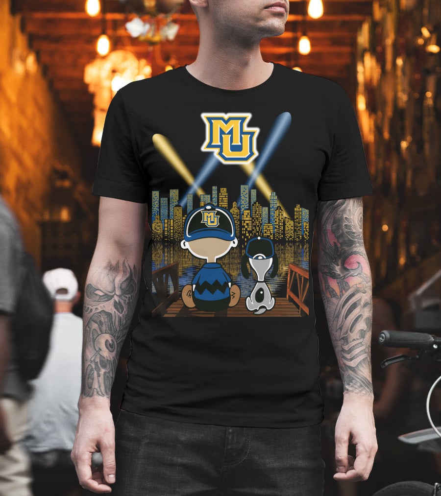Mu Marquette Golden Eagles Cityscape Night Skyline With Baseball Cap Duo T-Shirt
