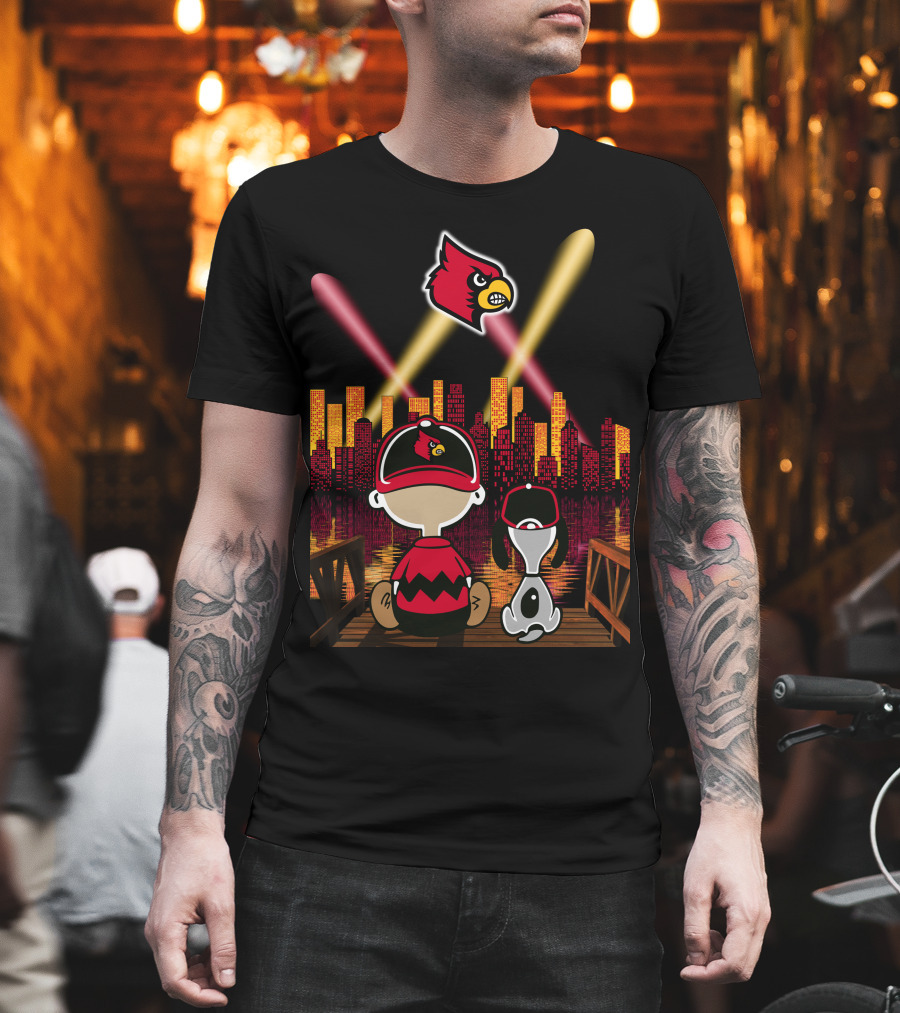 Louisville Cardinals City Lights With Characters Looking At Skyline T-Shirt