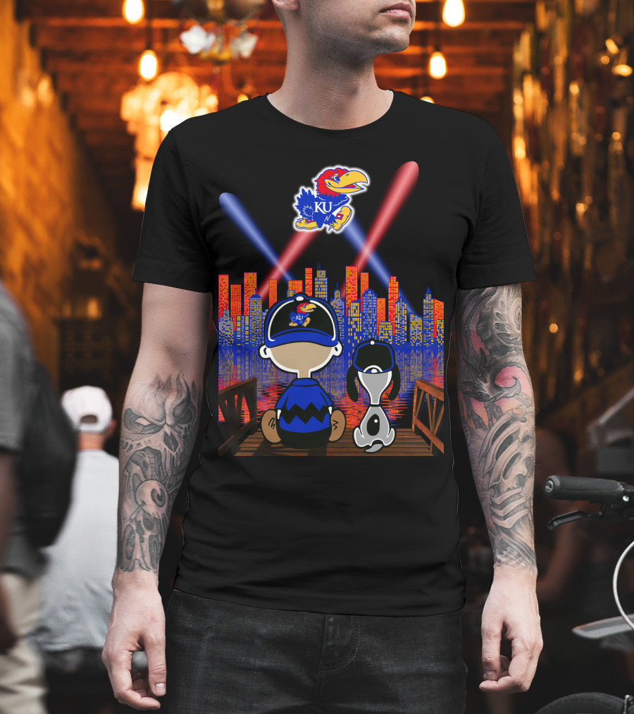 Kansas Jayhawks City Skyline Night Reflections With Mascot And Dog T-Shirt