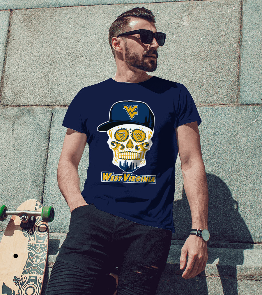 West Virginia Mountaineers Skull Design With Wv Cap And Skyline T-Shirt