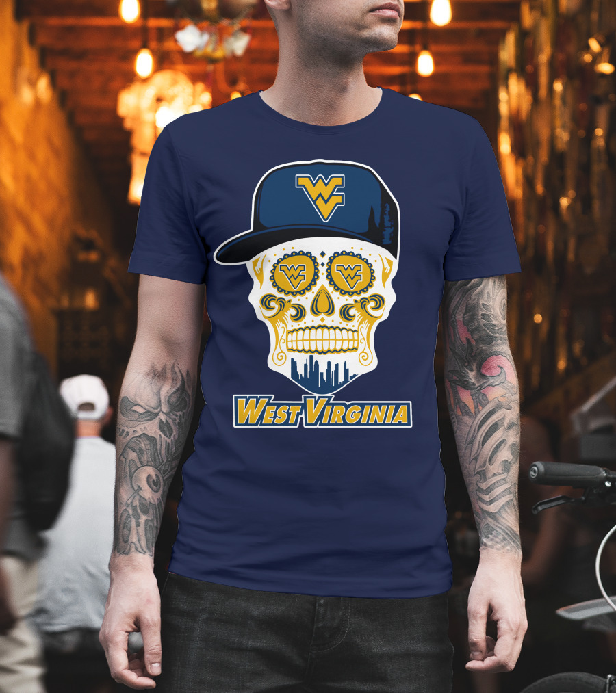 West Virginia Mountaineers Skull Design With Wv Cap And Skyline T-Shirt