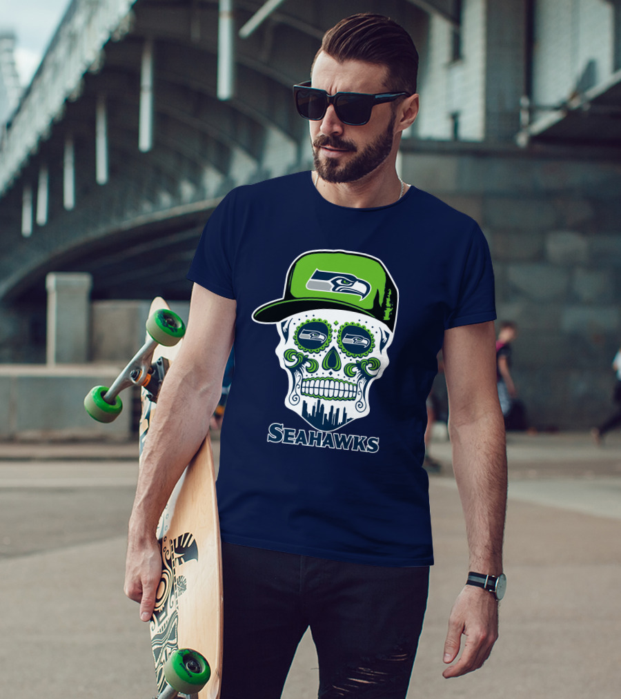 Seattle Seahawks Skull Art With Team Logo And Skyline T-Shirt