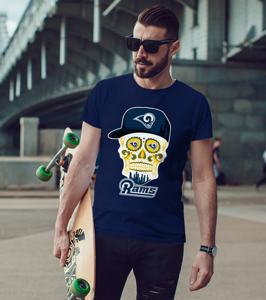 Los Angeles Rams Skull Iconic Rams Logo In Cap Funny T-Shirt