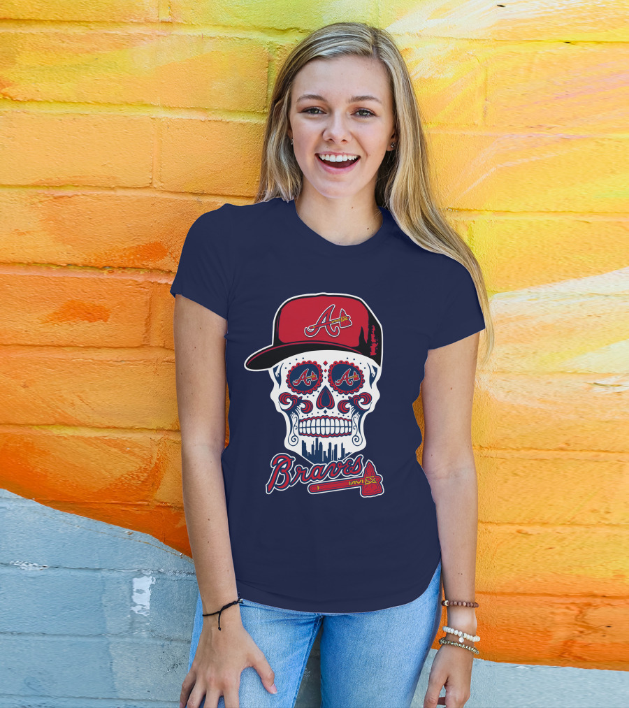 Atlanta Braves Skull With Baseball Cap And Tomahawk T-Shirt