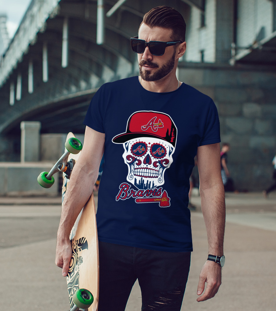 Atlanta Braves Skull With Baseball Cap And Tomahawk T-Shirt
