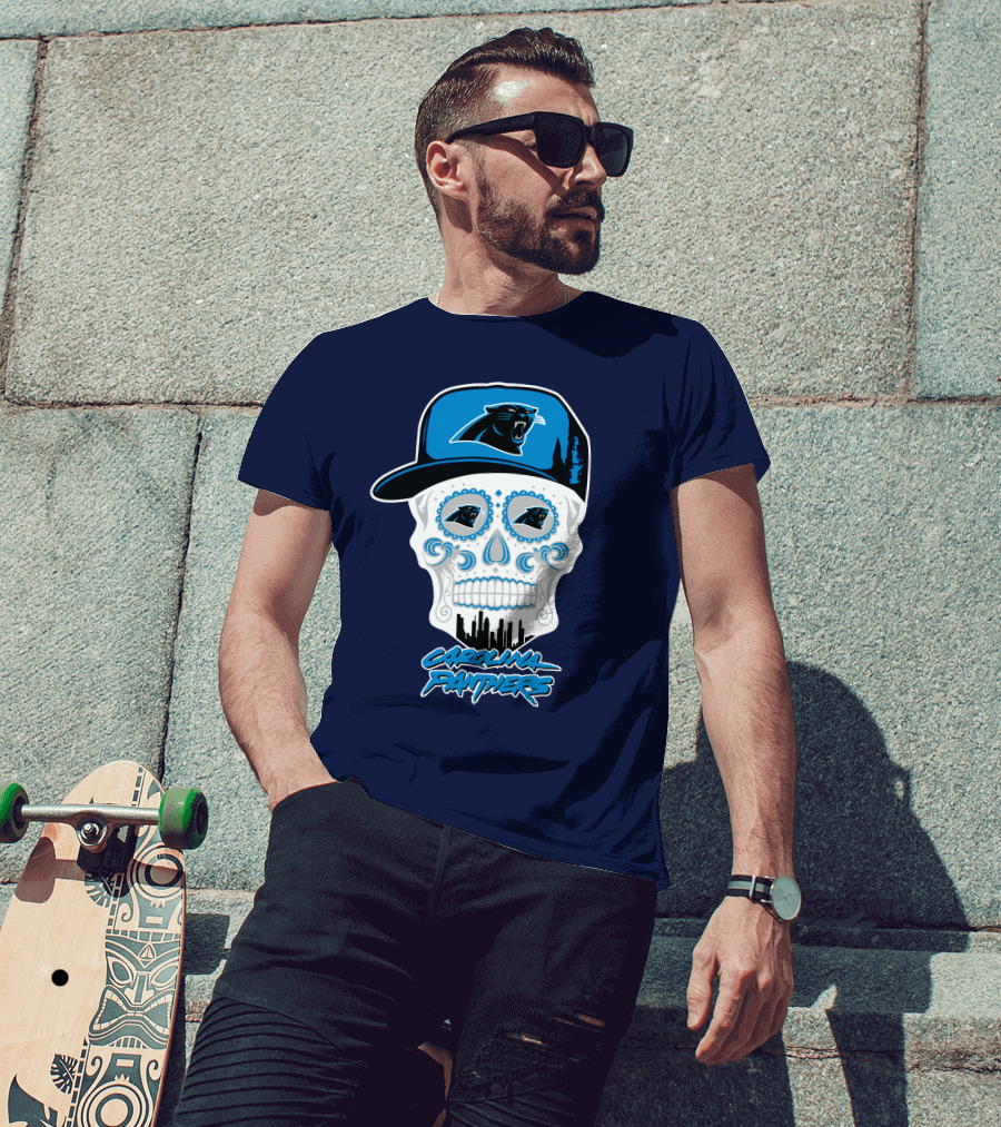 Carolina Panthers Skull Design With Panther Eyes And Cap T-Shirt