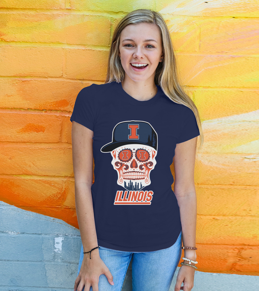 Illinois Fighting Illini Skull With Cap And Skyline T-Shirt