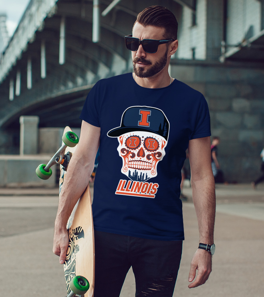 Illinois Fighting Illini Skull With Cap And Skyline T-Shirt